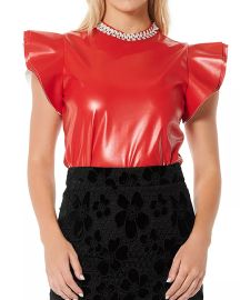 Gracia Ruffle Sleeve Faux Leather Top Bloomingdales at Bloomingdales